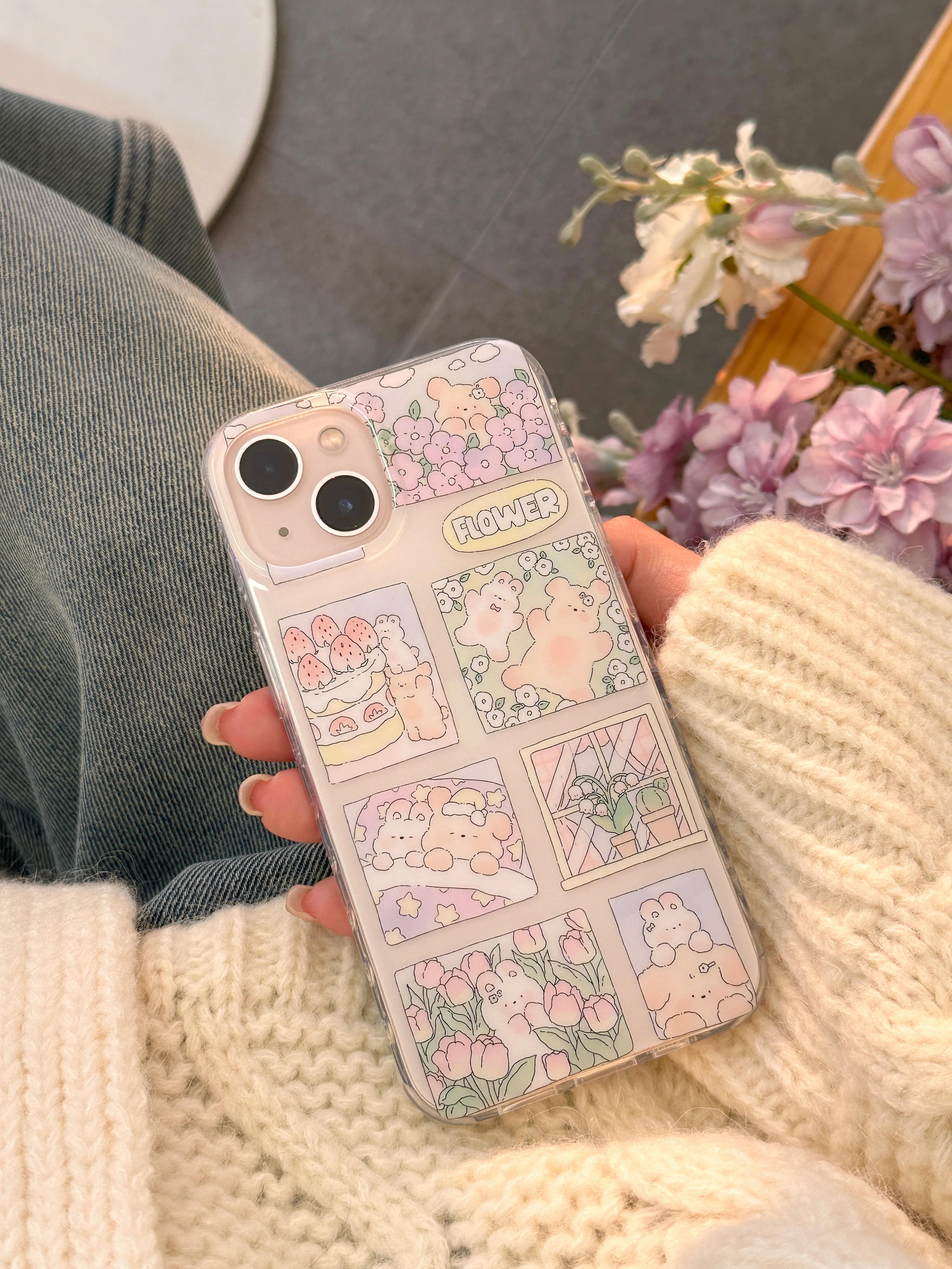 INS Splicing Animals Super Cute Rabbit Purple Flowers Pink Tulip Strawberry Case for iPhone 15 14 13 Pro Max 12 Pro Plus Cover