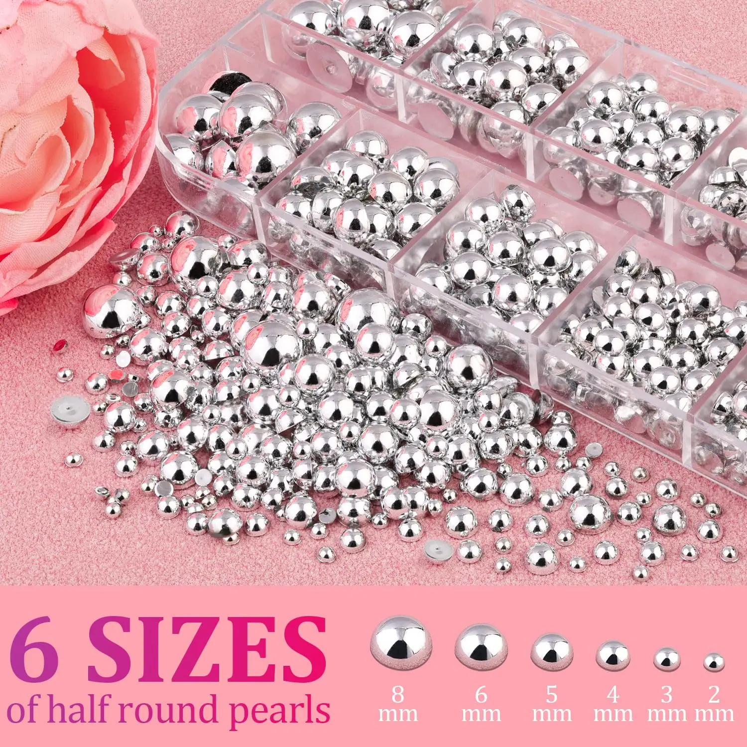 12 griglia/scatola 3D argento semicircolare perle decorazione unghie artistiche 6 dimensioni 2/3/4/5/6/8mm perline flatback parti per unghie punk argento kit per unghie