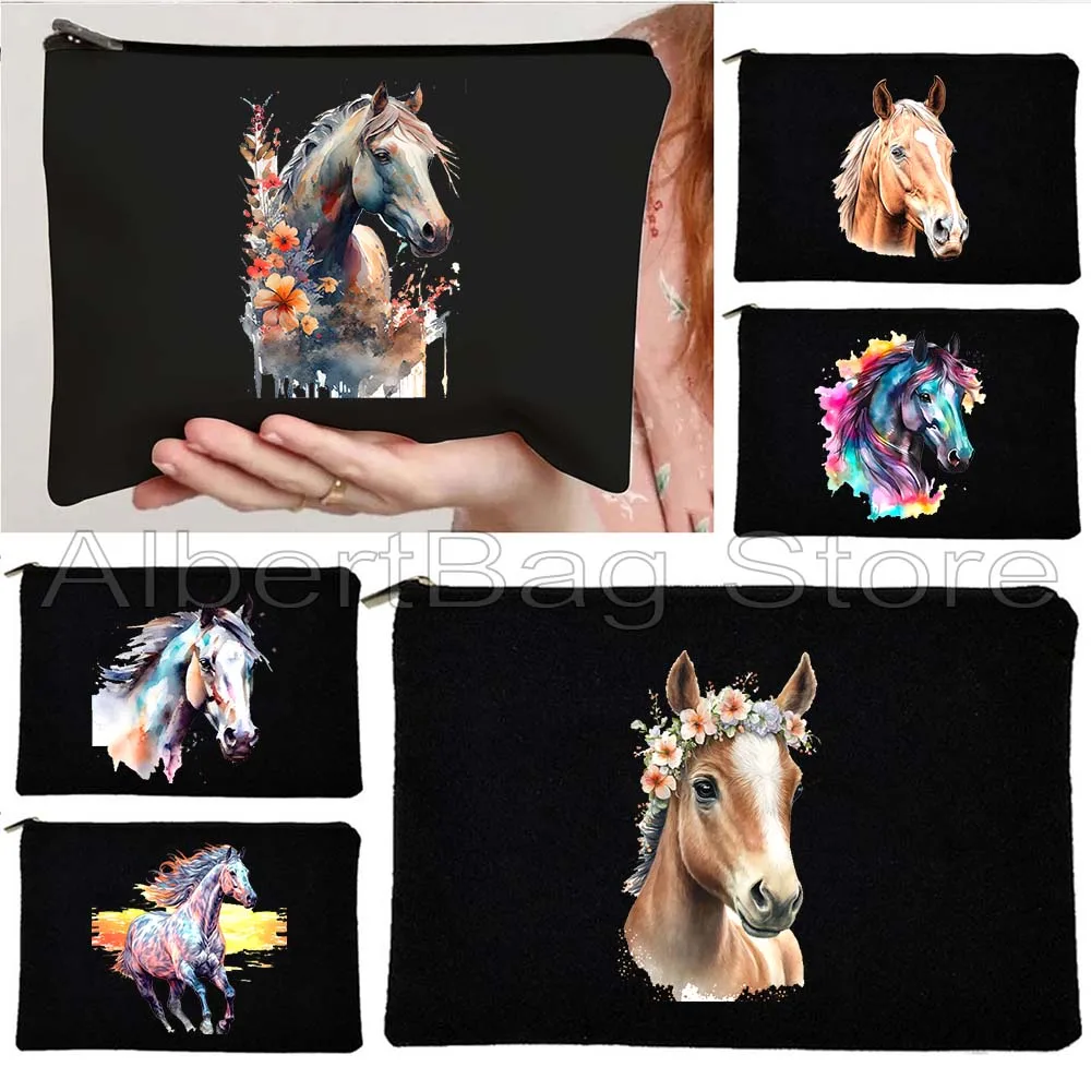 Colorful Watercolor Horse Racing Riding Painting Flower Quarter Horse Lover Gifts Cosmetic Makeup Toilet Bag Pencil Case Pouch