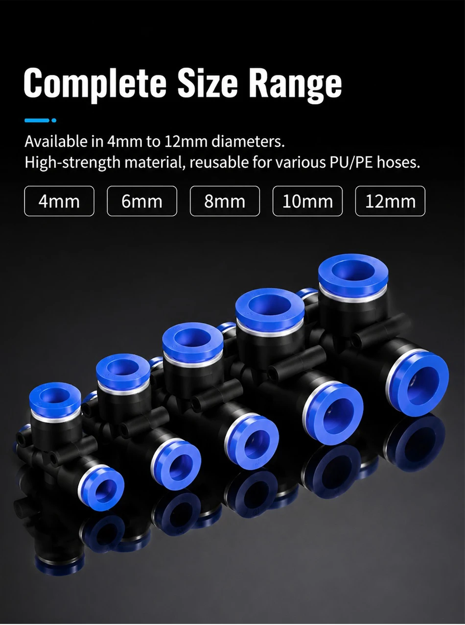 5PCS PE Pneumatic Tee Fitting - Plastic Push in Air Connector Tube Quick Release Hose Pipe Adapter for 4mm 6mm 8mm 10mm 12mm T&I Online Store
