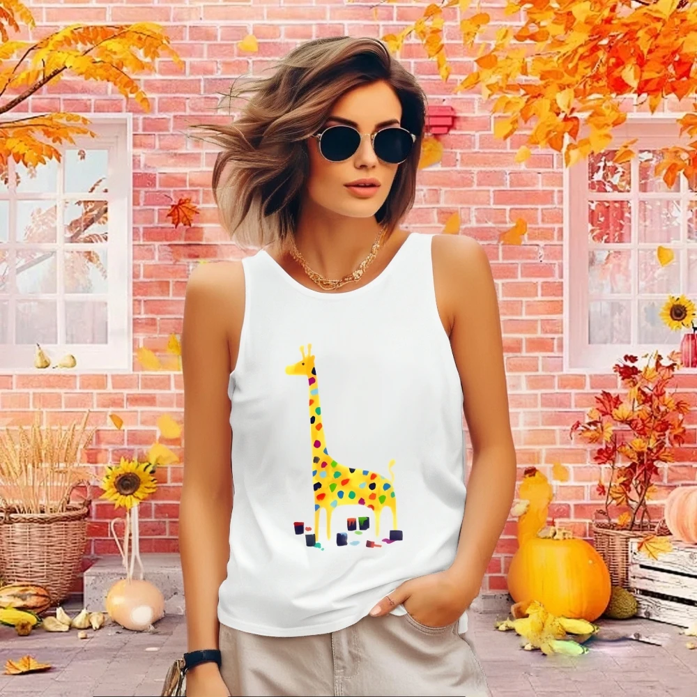 เสื้อกล้ามยีราฟสีสันสดใส กราฟิกสัตว์ขี้เล่น ฤดูร้อน ลำลอง หลวม แขนกุด สนุกสนาน ทันสมัย ​​เสื้อผ้าที่สะดวกสบาย