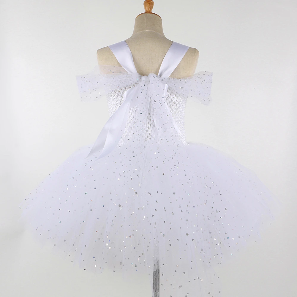 Sparkling White Angel Costumes for Girls Christmas Halloween Dress for Kids Flower Fairy Tutu Outfit with Wings Set Girl Clothes