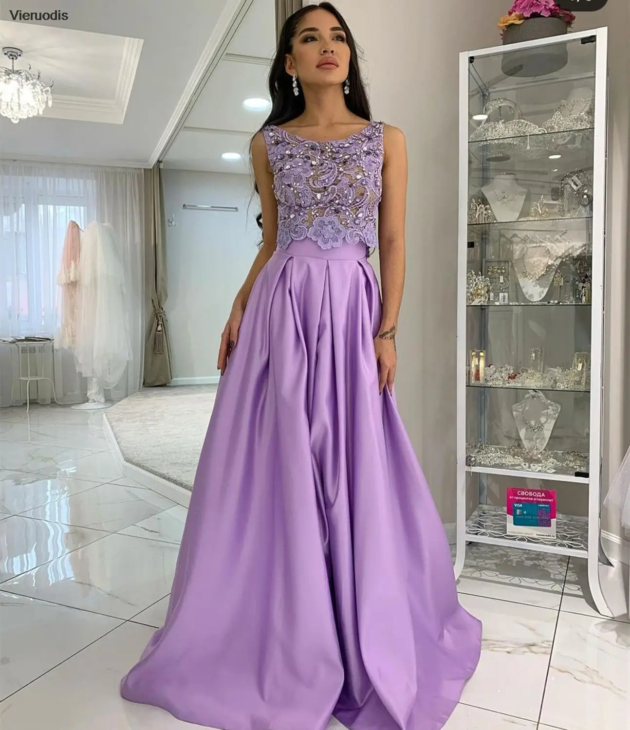 Evening Dress 2022 Purple Lace Appliques Crystal Beaded Sleeveless Floor Length Women Party Gowns Charming Scoop Elegant Luxury