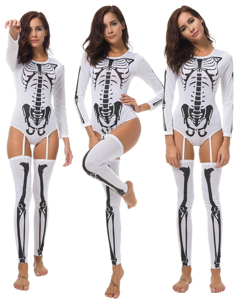 Mono de manga larga para mujer de Halloween, disfraz ajustado para adulto con calavera y esqueleto, mono de zombis para fiesta de juegos de rol