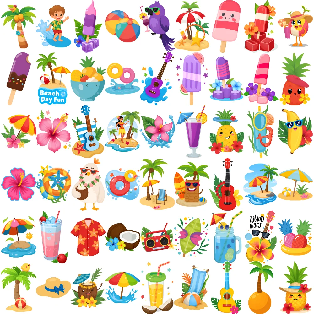 

54pcs Temporary Tattoo Palm Tree Cartoon Ice Cream Hibiscus Waterproof Long-lasting Body Stickers Surfboard For Boys Cheeks