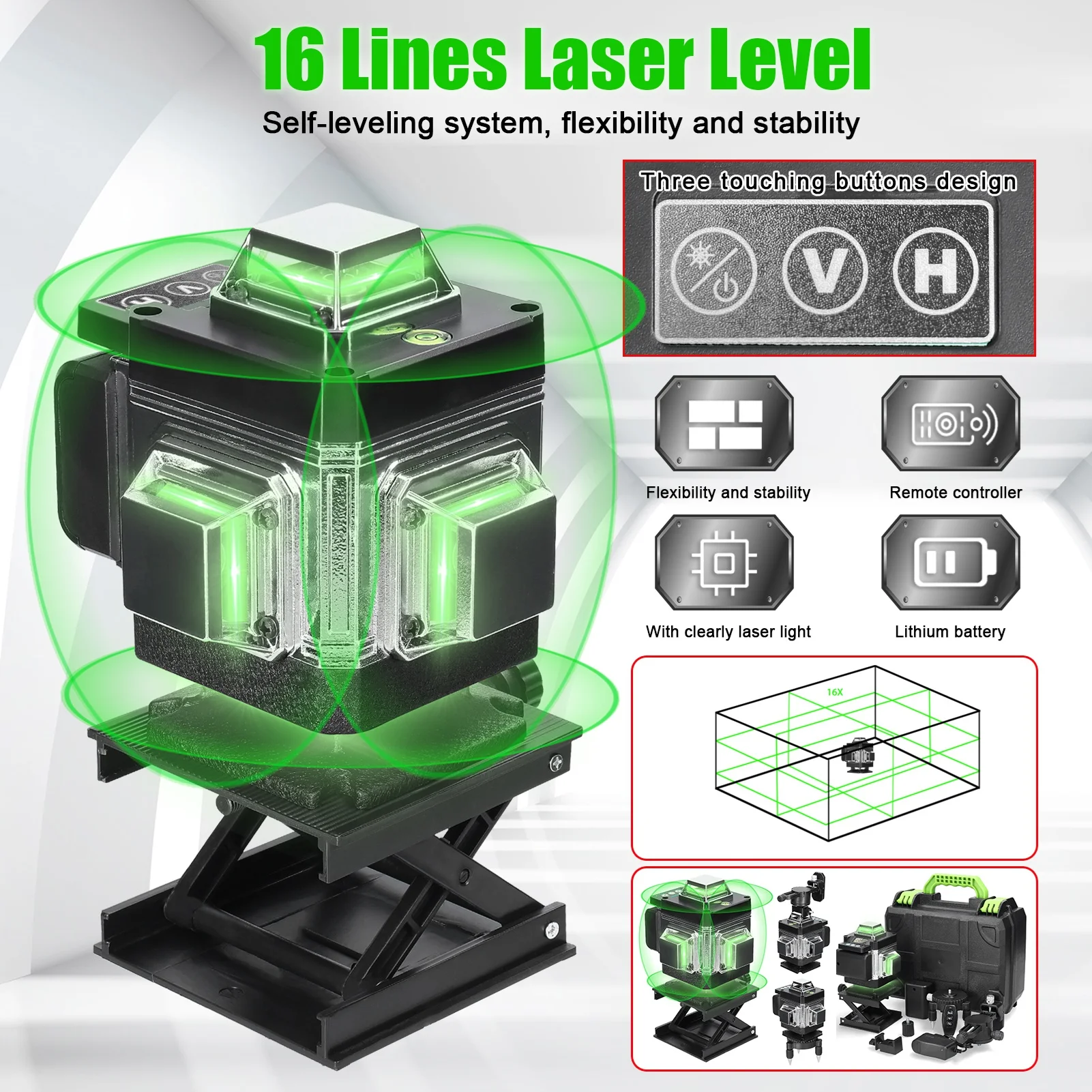 Rechargeable Lithium Battery Leveling Wall Waterproof Tools Set Multifunctional 16 Lines Laser Level 3° Self-leveling Machine
