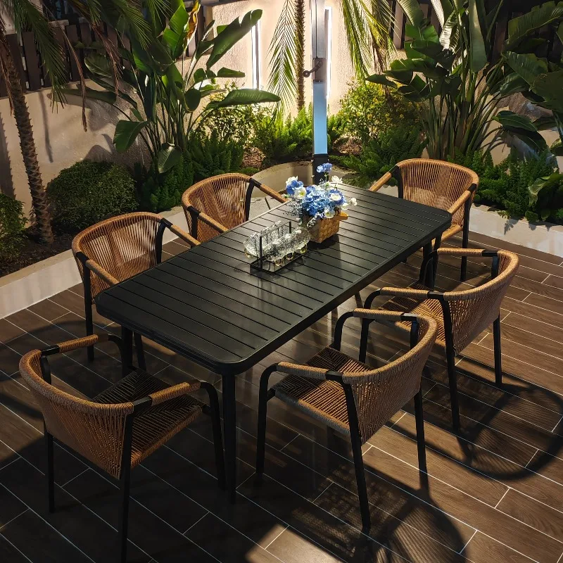 Outdoor Garden Rattan Table and Chair Combination Kit Balcony Casual Black Aluminum Alloy Dining Table and Chair