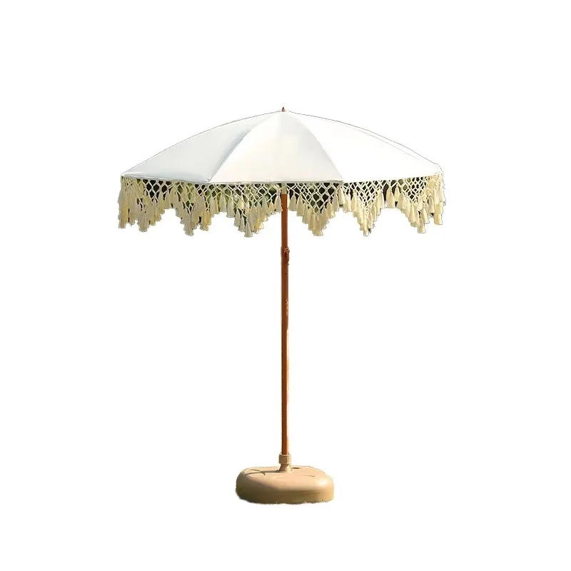 Modern Pencil Sun Umbrella 8 Ribs Steel Shaft Dacron Canopy Fringe Tassel Handheld Parasol for Travel Beach Photography
