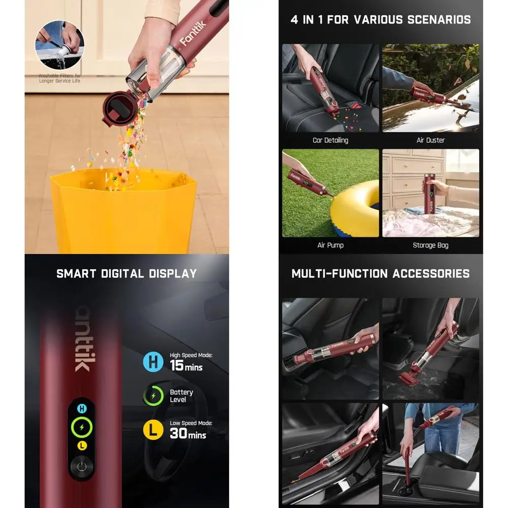 Portable 4-in-1 Mini Handheld Vacuum, 19kPa Suction, Smart Digital Display, 2 Modes for Small Jobs, Cars, Offices, and Keyboards