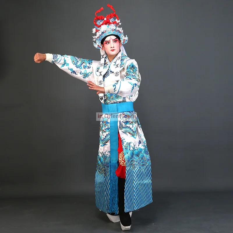 Traditional Chinese Dragon Sword Robe Peking Opera Drama Wu Sheng Gown Xiao Sheng Stage Play Performance Crown Prince Costume