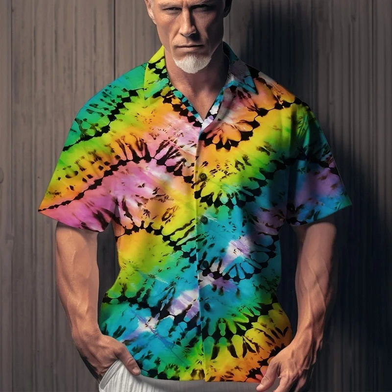 

Гавайская рубашка с градиентным полосатым узором для мужчин, забавная красочная 3D принт с короткими рукавами, летние свободные рубашки Aloha, блузка с лацканами, топы