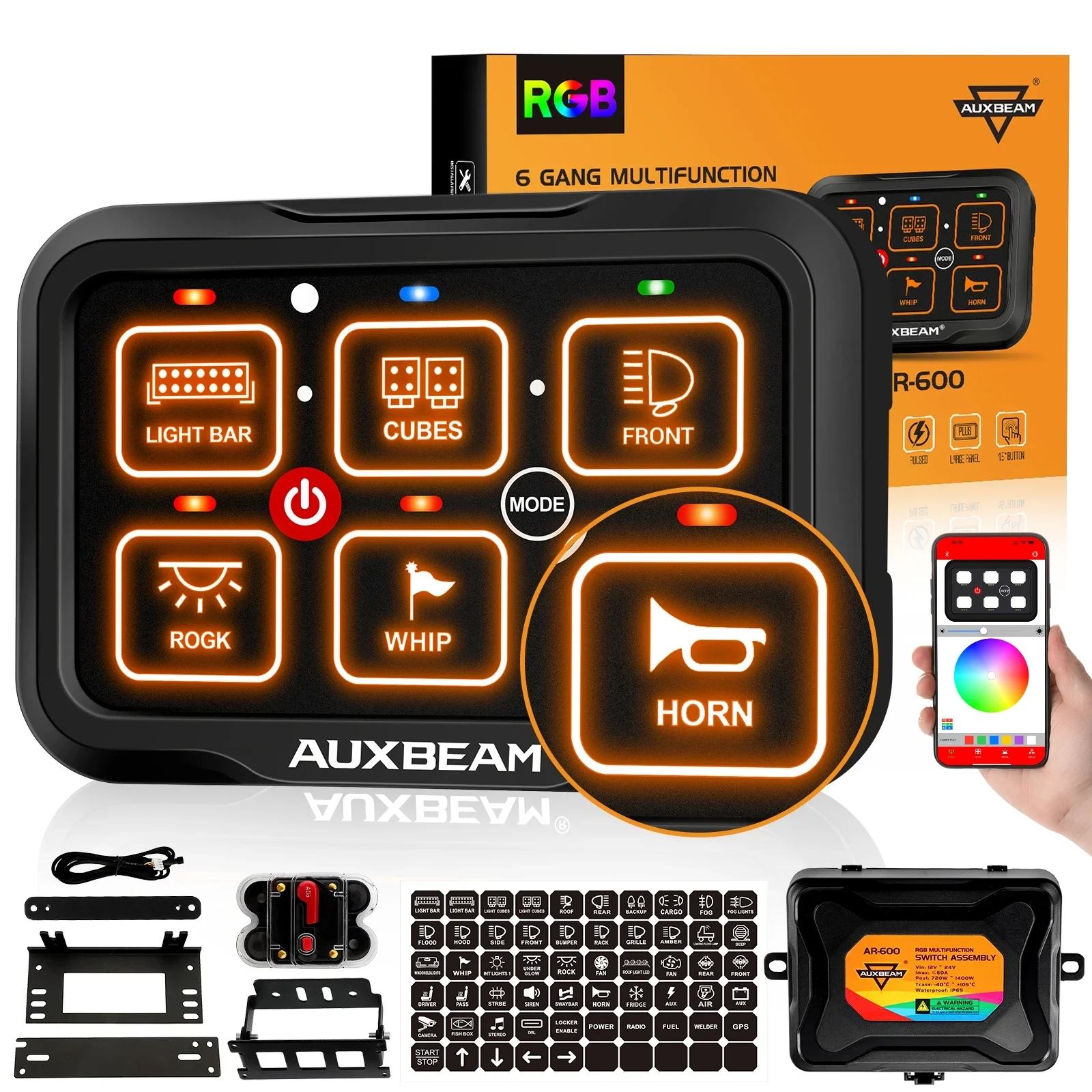 AUXBEAM AR-600 6 Gangs RGB LED Lights On-Off Switch Panel TOGGLE MOMENTARY PULSED MODE Mobile bluetooth APP Control