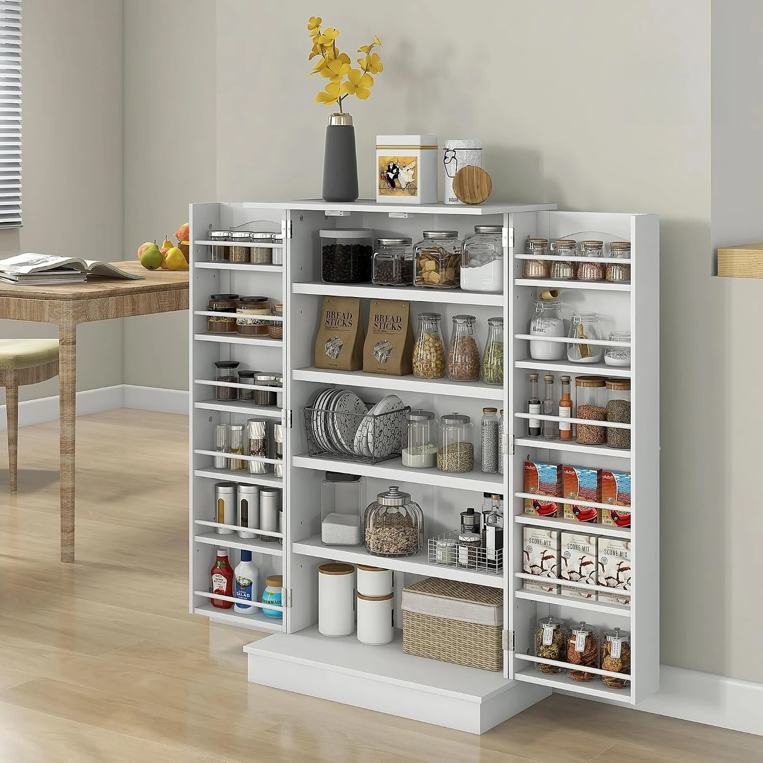 12-Door Kitchen Pantry Storage Cabinet with 5-Tier Adjustable Shelves, Anti-Tip Design & Melamine-Faced Particleboard Construction