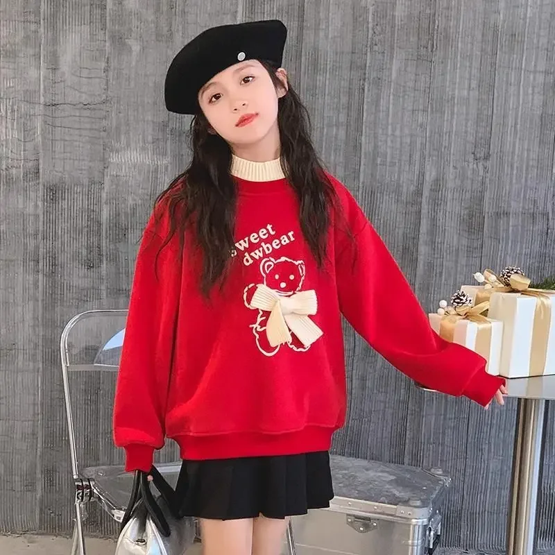 

Girls' 2025 New Autumn/Winter Red Fleece Lined Fake Two-Piece Semi-High Collar New Year Style Kids Sweatshirt