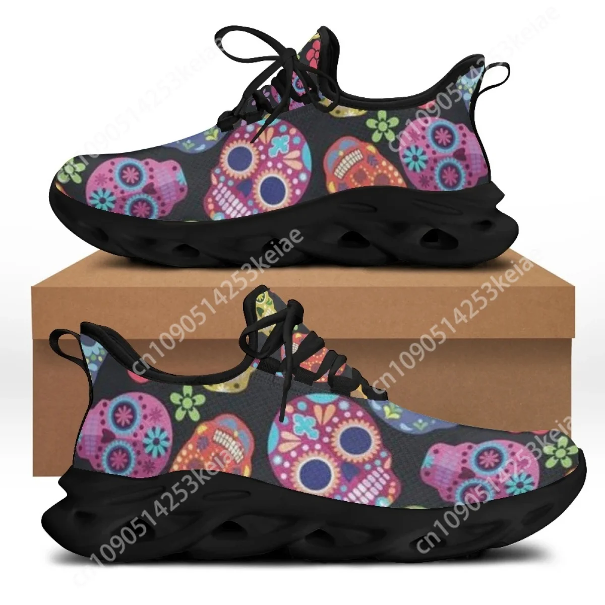 Custom Large Size Women Chunky Shoes Unisex Trend Women's Flat Sugar Skull Pattern Comfort Low-top Mesh Sneakers zapatillas