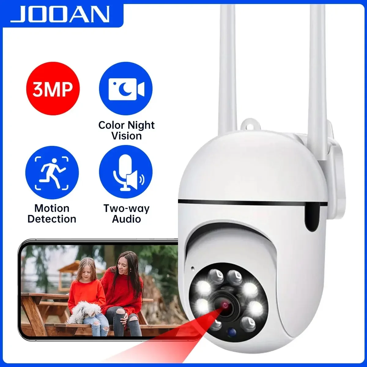 JOOAN 3MP WiFi Camera Home PTZ IP Camera Color Night Audio Wireless Surveillance Camera Auto Tracking Security CCTV Camera