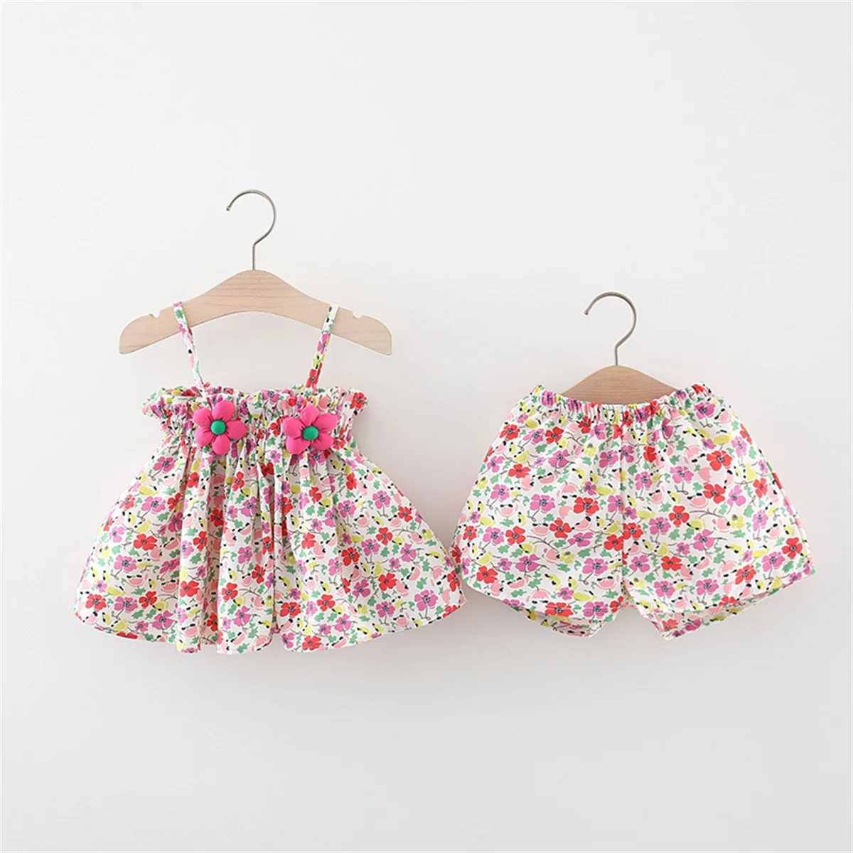 Summer Baby Set Cute Girl Beach 2-Piece Set Bow Tie Strap Fragmented Flower Top And Shorts Cool And Cute Children\'S Wear