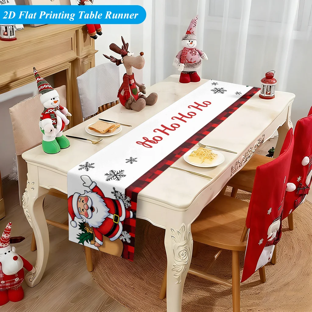 Christmas Table Runner White Red Buffalo Plaid Santa Claus Ho Ho Ho Snowflake Holiday Dining Kitchen Home Decor Party Gift