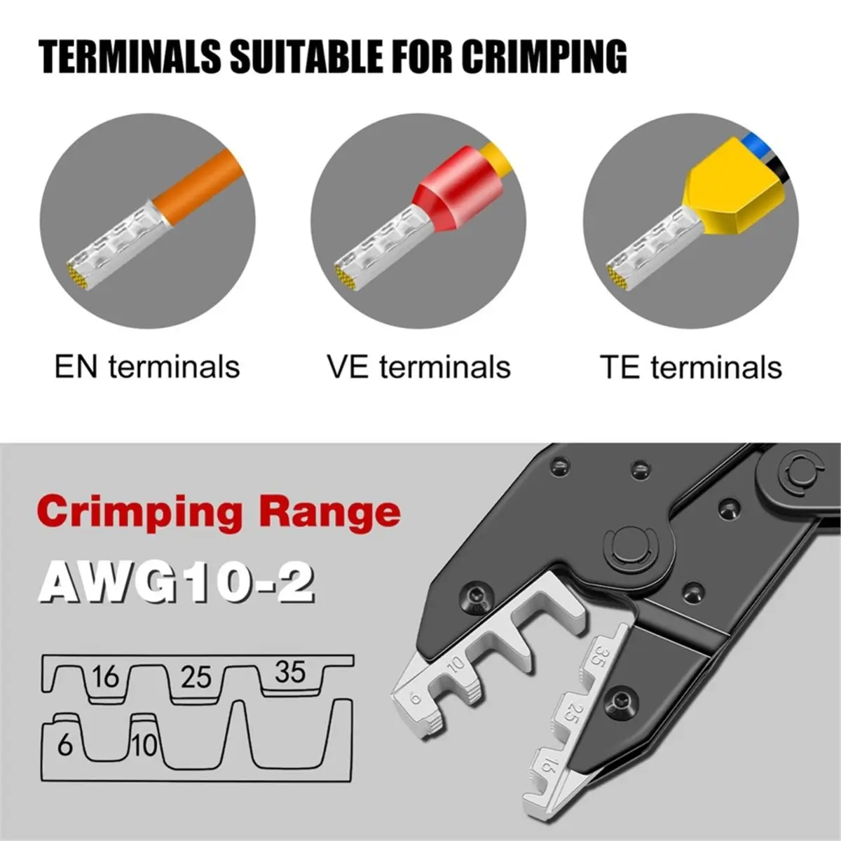 Crimping Tool for Sleeves Ferrule Terminals - Ratcheting Wire Crimpers - AWG 10-2 (6-35mm²) - Ratchet Terminal Crimper