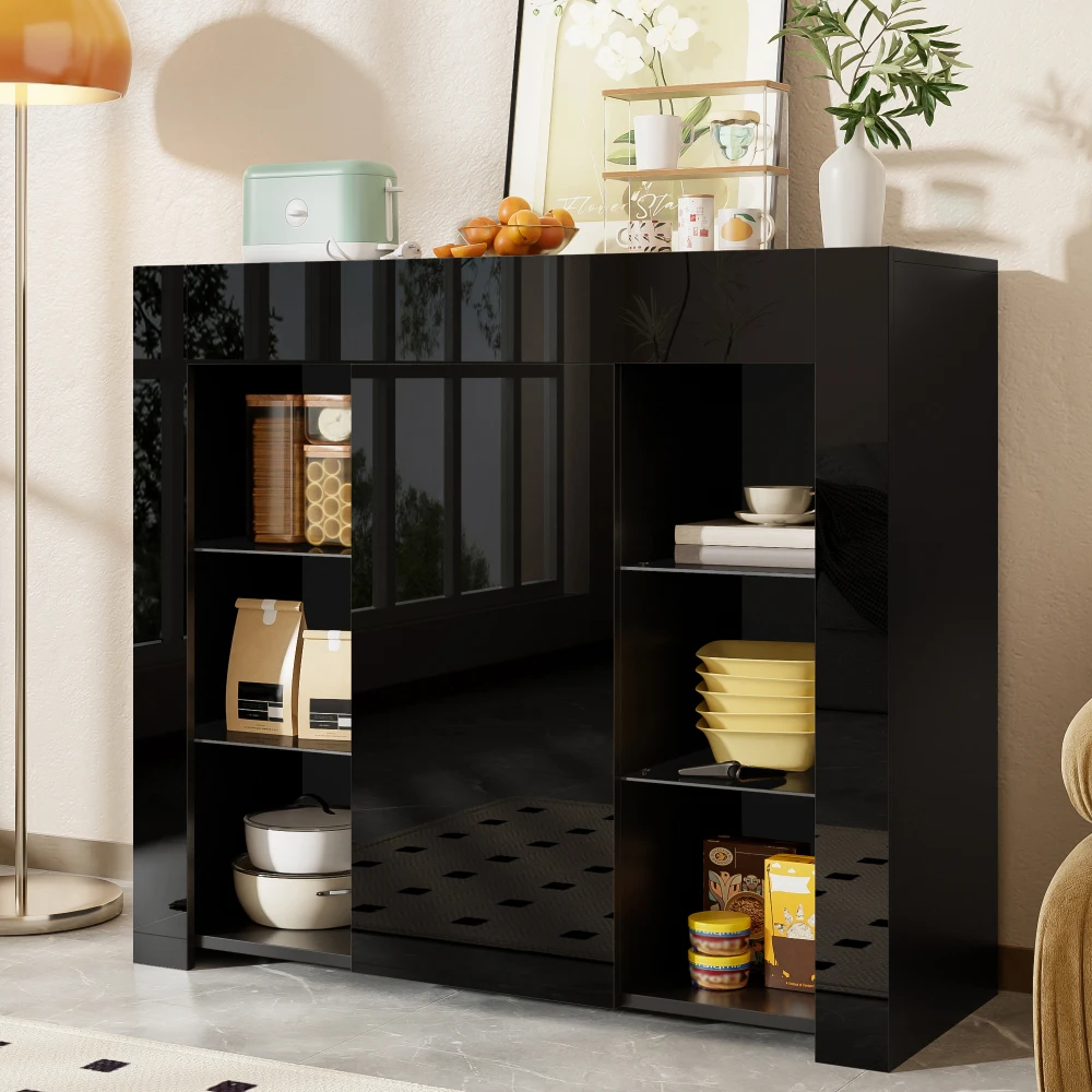 Morden Schwarzes Buffet mit Hochglanzfront, kompakte, stilvolle Aufbewahrungslösung mit Glasböden und Schranktür für das Wohnzimmer – Detail 4