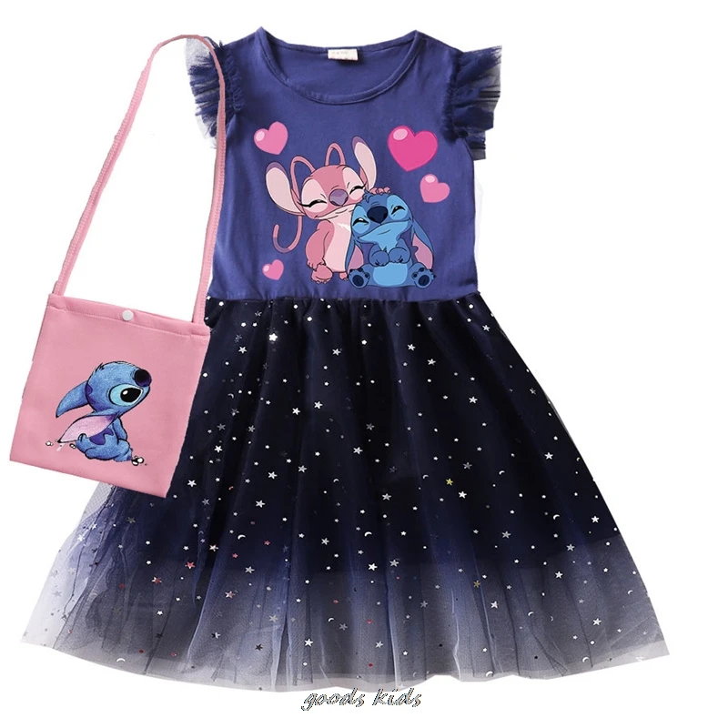 Lovely 2-9Y Lilo And Stitch Baby Girl Summer Party Dress Bag Kids Sleeveless TShirt Sequin Children Dresses Toddler Girl Outfits