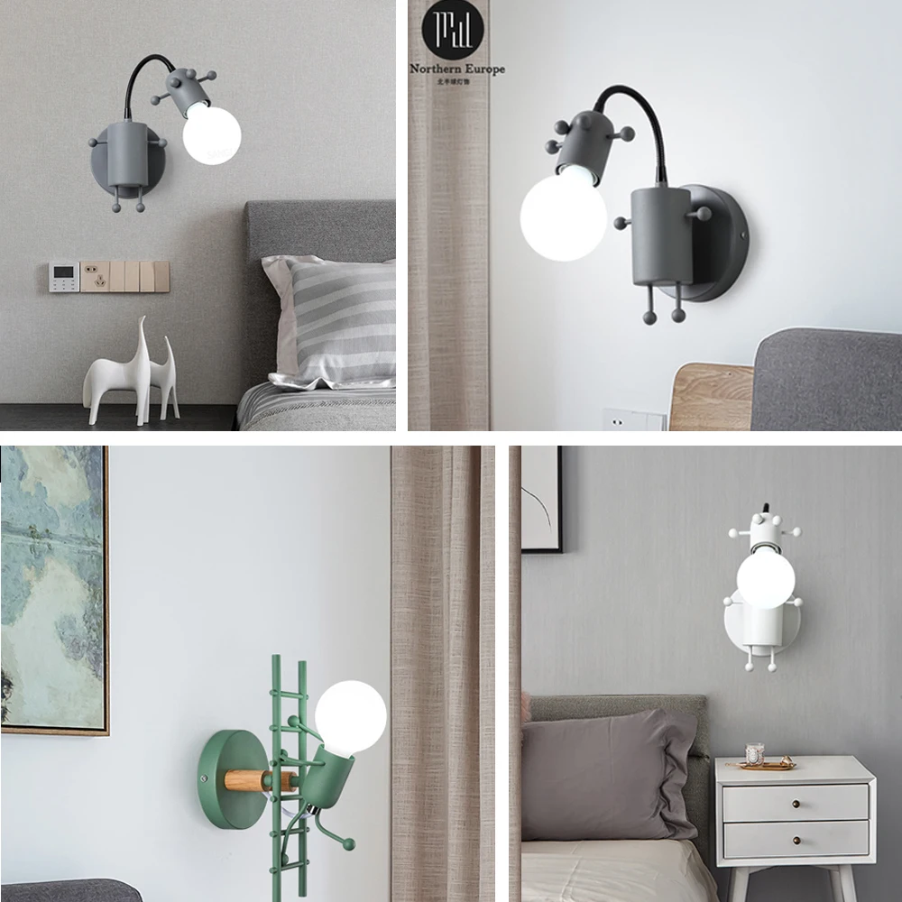 Modern Nordic Sconce Wall Lamp LED Chandelier Macaroon Cartoon Doll Wall  Light Minimalism Metal Robot Lamps with Chain Switch