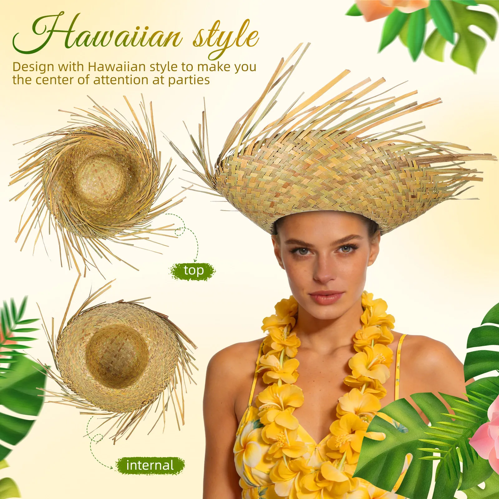 

Beach Hat Straw Woven Sun Cap Hand Woven Wide Brim Cap Decorate Sun Hat Mexican Hawaii Party Headwear Outdoor Vacation Beach Hat