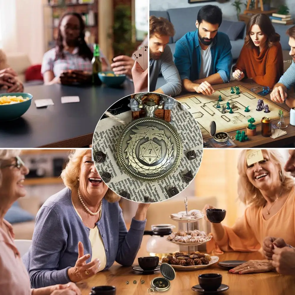 

Коллекционные металлические кости из цинкового сплава, набор металлических костей, дракон с гравировкой, карманные часы, оболочка, искусственная кожа, мини-набор