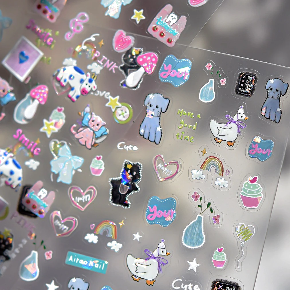 

Colorful Black Cat Rainbow Apple Dog Cows Duck Mushroom Star Cake Bowknot Clouds Puppy Flower Vases DIY Nail Art Stickers Decals