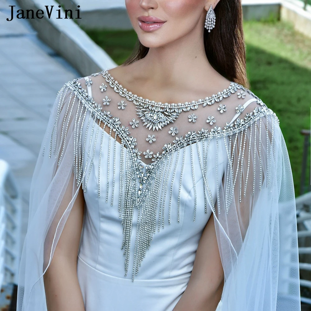 

JaneVini Luxury Long Crystal Beaded Bridal Bolero Braut Cape Mariage Femme Wedding Cloak Tulle Women Party Pearl Shawl Wrap 2025