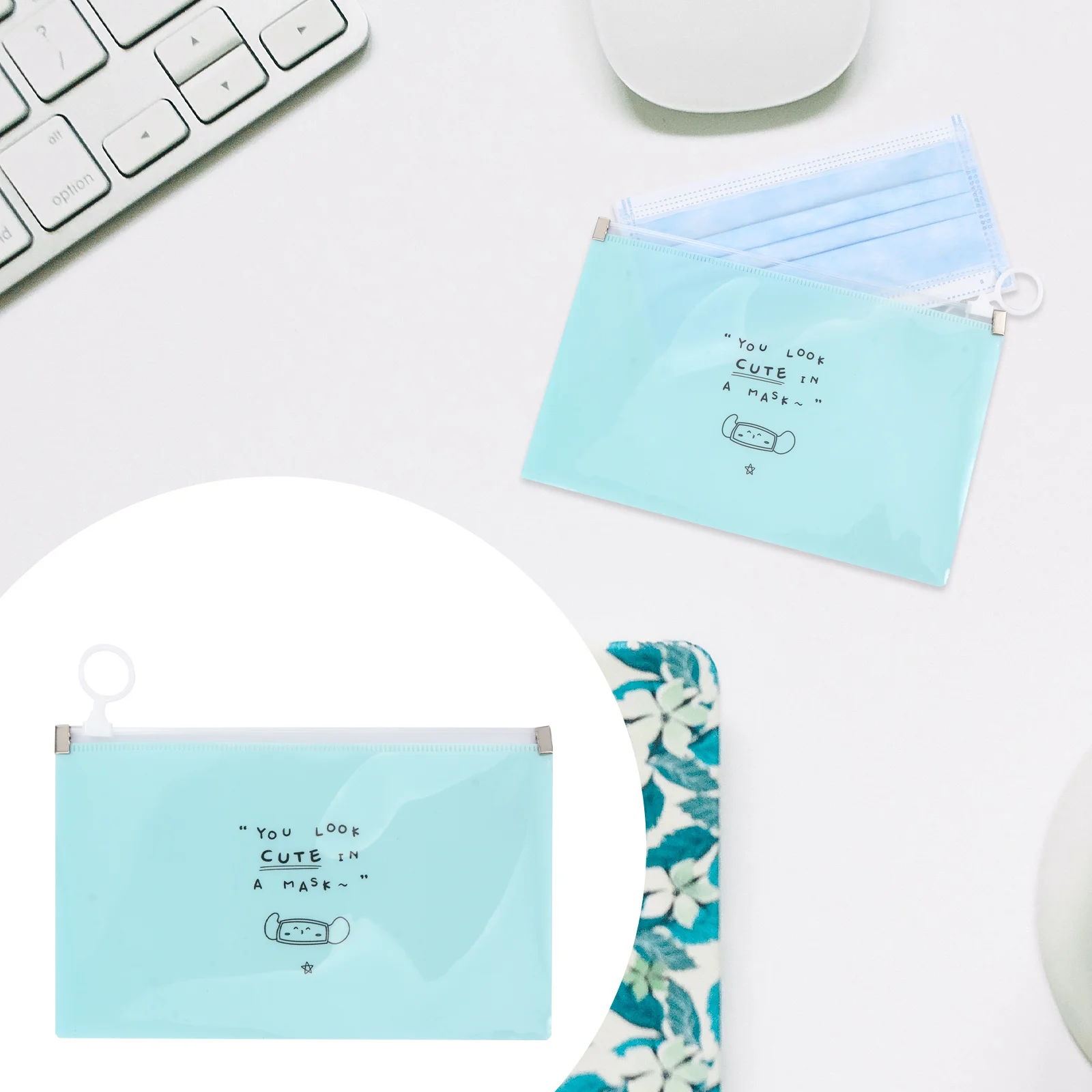 5 قطع من حامل القناع المحمول الجميل القابل للطي باللون الأزرق وأكياس تخزين غطاء الوجه القابلة لإعادة الاستخدام