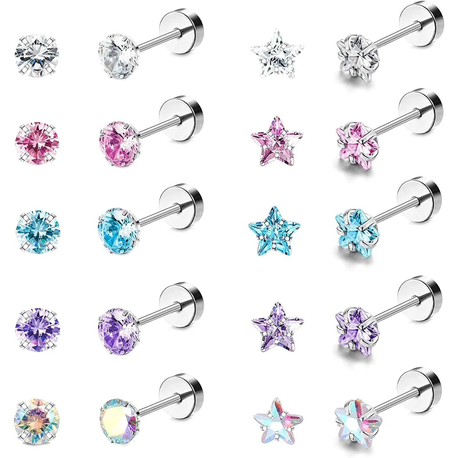 

Bobisty 10Pairs 18G Ear Stud Earrings for Women Stainless Steel Star Cubic Zirconia Earrings Tragus Cartilage Piercing Jewelry