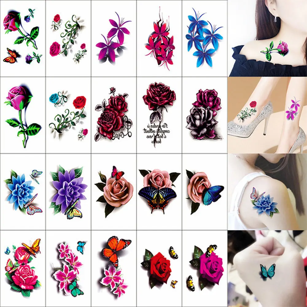 20pcs 3D Colorful Flower Temporary Tattoo Stickers Fake Floral Rose Butterfly Temporary Tattoos for Women Wrist Arm Body Art