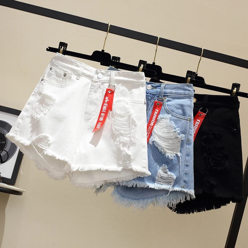 

Джинсовые шорты с высокой талией А-силуэта для женщин, летние, свободного кроя, в студенческом стиле, корейские, больших размеров (до 90 кг), горячая распродажа, глубокий цвет