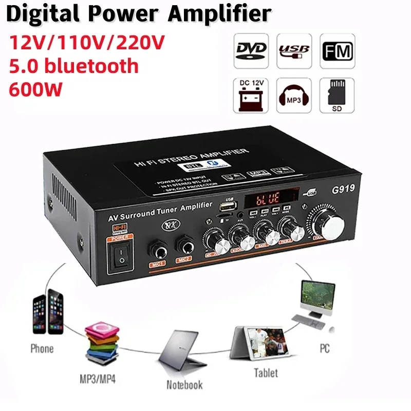 600W Car Home Amplifiers HiFi Subwoofer Amplificador FM TF AUX MP3 Player Remote Control 12V 110/220V Digital Power Amplifier