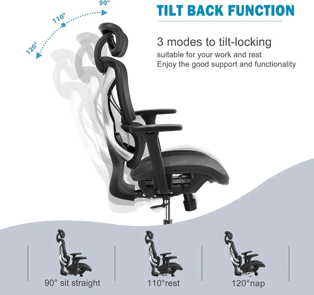 GABRYLLY Ergonomischer Bürostuhl, großer und hoher Netzstuhl mit Lordosenstütze, verstellbare 3D-Arme, Liegestuhl, Kopfstütze und groß