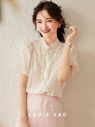 LOUIS YAO Women Shirt Chinese Style 2024 Summer Stand Collar Short Sleeve Lightweight and Thin Blouses Hollowing Out Elegant Top