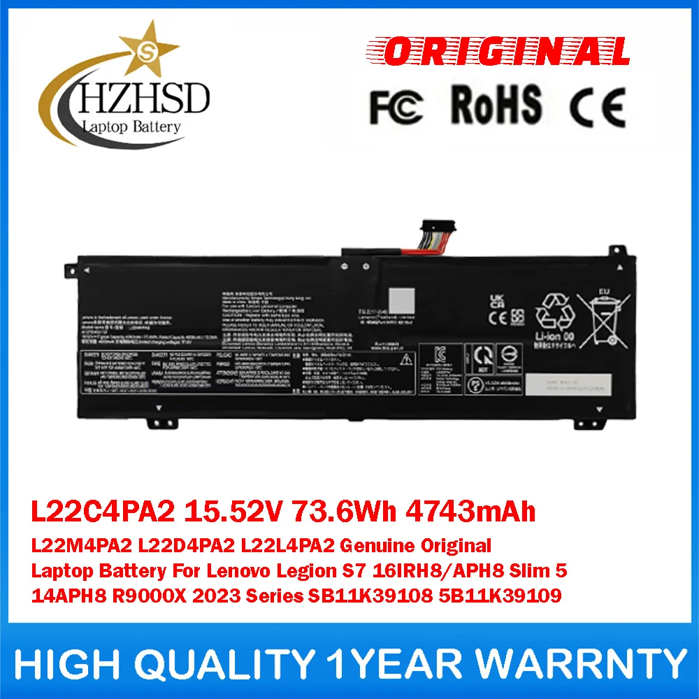 

Оригинальная батарея для ноутбука L22C4PA2 15.52V 73.6Wh 4743mAh L22M4PA2/D4PA2/L4PA2 для Lenovo Legion S7 16IRH8/APH8 Slim5 14APH8