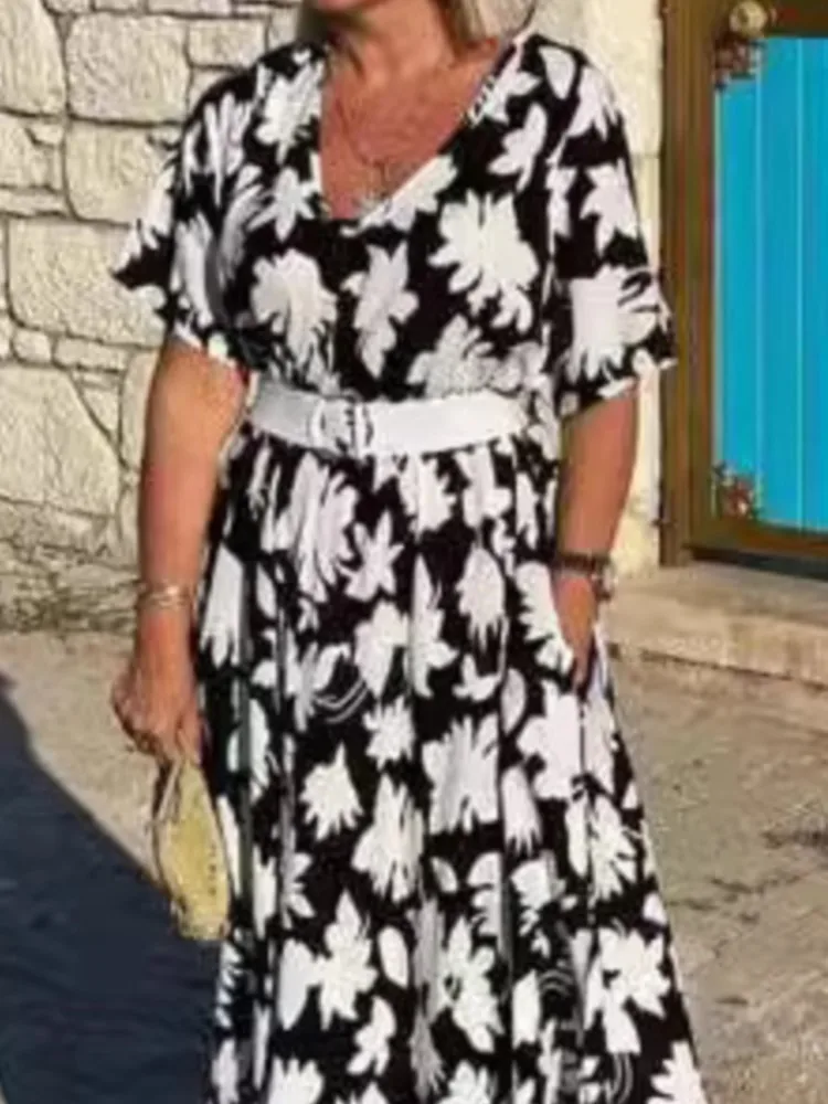 Fashion V-neck Short-sleeved Loose Dress For Women Spring And Summer Elegant Flower Printing Casual Loose Holiday Dresses Female