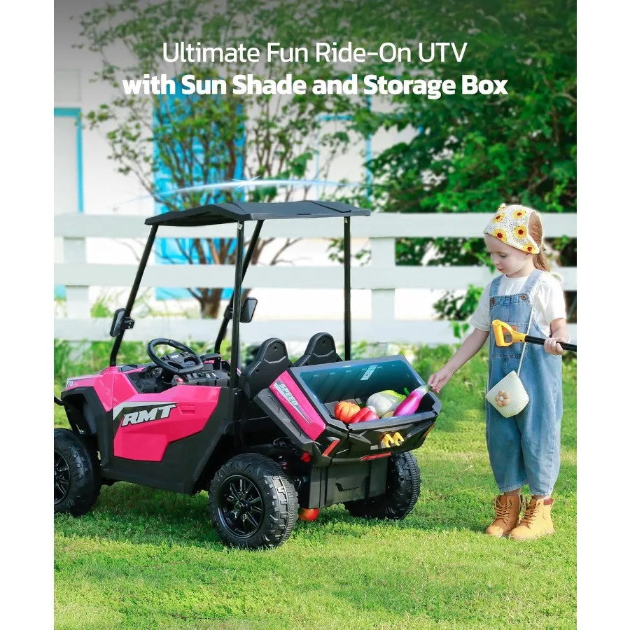 รถยนต์ของเล่นเด็กขนาดใหญ่ 24V, รถยนต์เด็กนั่งได้ 2 ที่นั่ง พร้อมหลังคาบังแดด, กระบะท้ายแบบยกได้และพลั่ว, ความเร็ว 4.5 ไมล์ต่อชั่วโมง, รถยนต์ไฟฟ้าขับเคลื่อน 4 ล้อสำหรับเด็ก, รถยนต์แบตเตอรี่พร้อมรีโมท