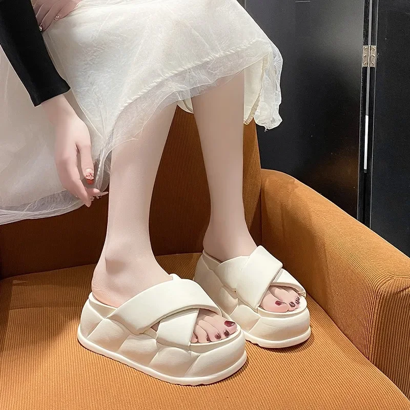 High Platform Slippers For Women Open Toe Leather Wedges Chunky Sandals New Summer soft Thick Bottom Female Beach Flip Flops 9CM