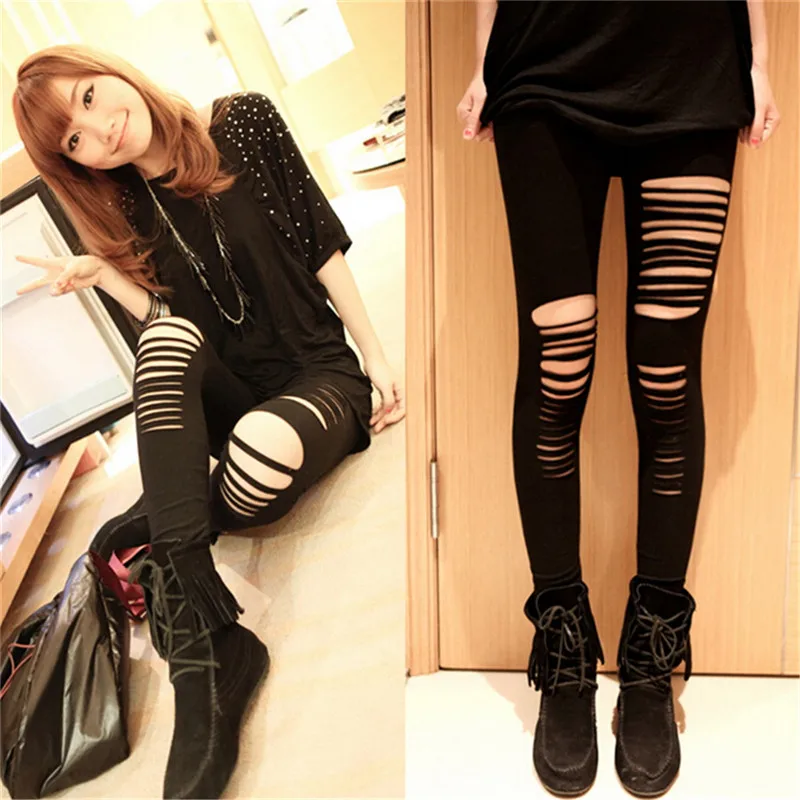 Sexy Black Punk Ripped Torn Slashed Cut Striped Leggings Pants Gothic Club