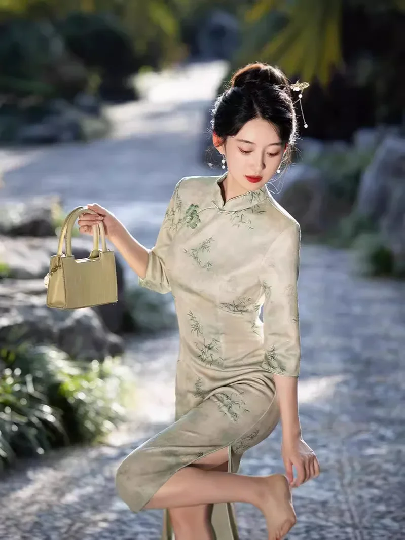 نمط طويل 2024 خريف جديد شيونغسام تحسين مزاجه المؤنث الرجعية اليومية أنيقة سبعة أرباع الأكمام فستان تشيباو #2