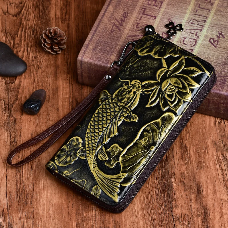 Women Long Zipper Wallet Genuine Leather Embossed Floral Fish Retro Pattern Handy Bag Designer Female Wrist Purse Clutch Bags