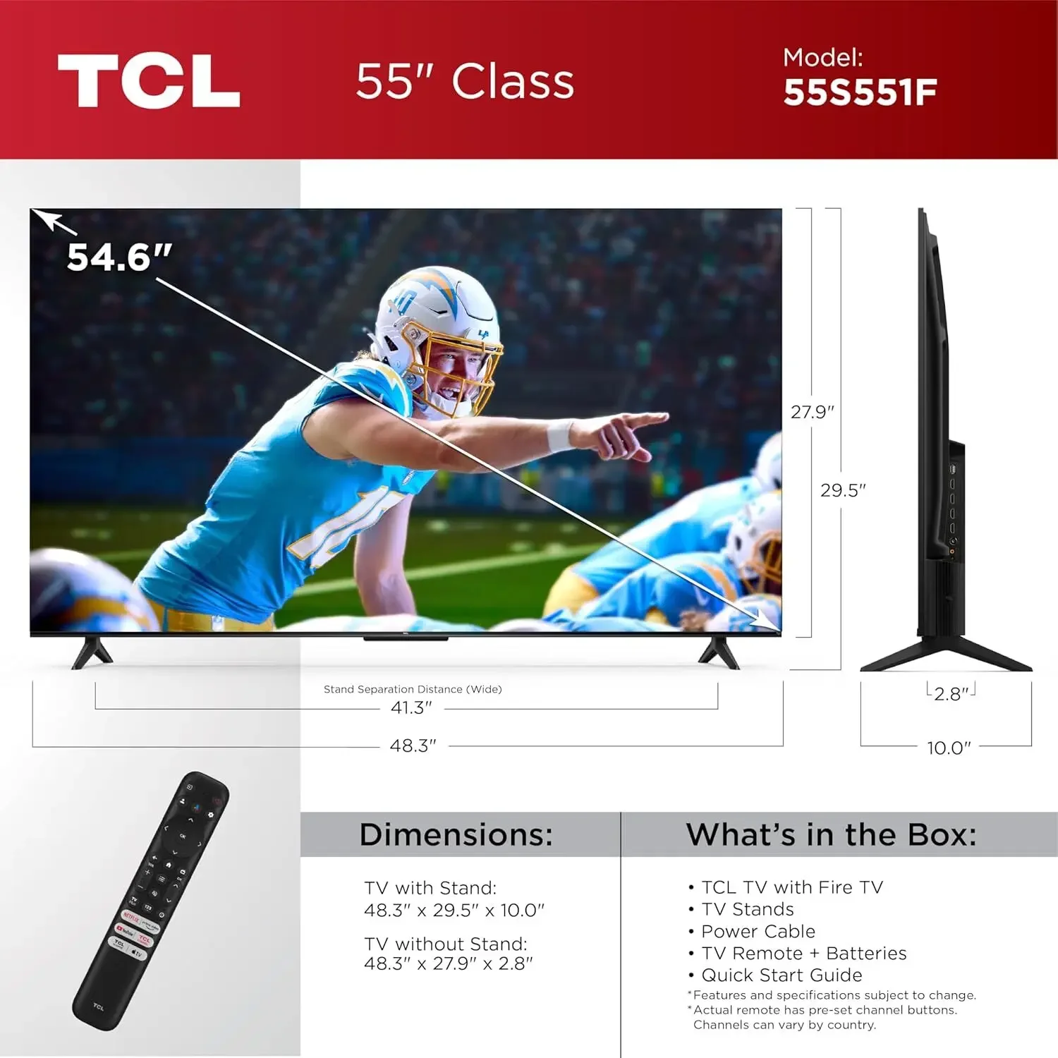 تلفزيون TCL 55 بوصة فئة S5 UHD 4K LED Smart Fire (55S551F، موديل 2024)، Vision، HDR PRO+، Dolby Atmos، Alexa مدمج مع صوت