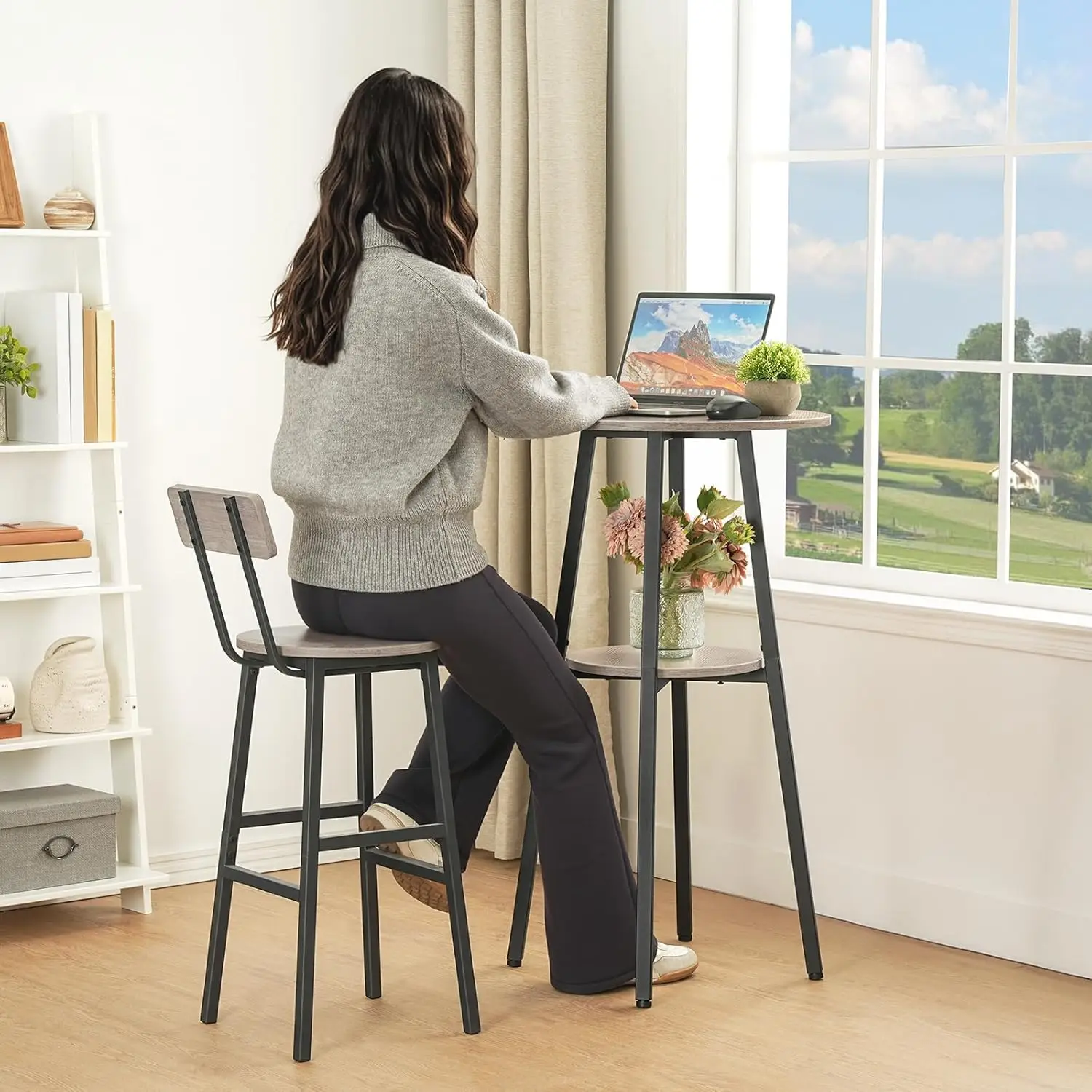 Round Pub Table with Storage, 2-Tier Bistro Table for Small Spaces, Easy to Assemble in Greige