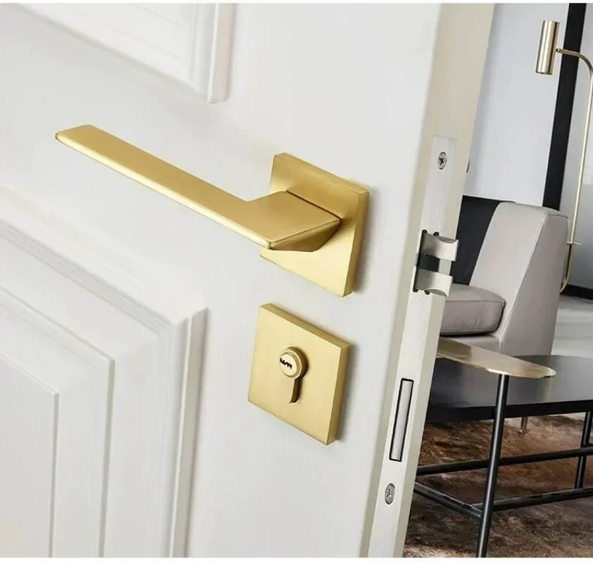 Gold Zinc Alloy Bedroom Door Lock Interior Wooden Door Handle Lock Body Set Mute Security Door Lock Home Hardware with Key