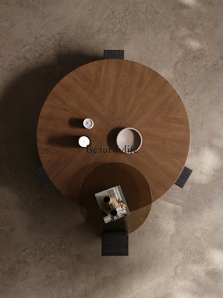 Light luxury modern minimalist antique walnut pattern round coffee table combination