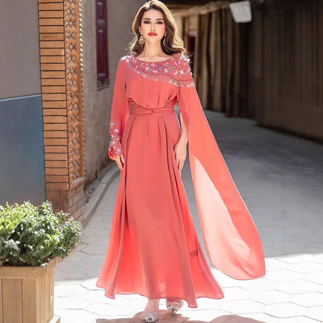 

Women's Pink Elegant Luxury Casual Trendy Diamond O-neck Ankle Length Dresses Arab Muslim New Fashion Female Tassels Clothes