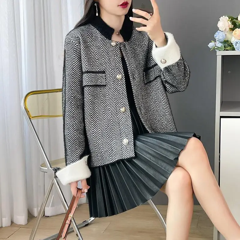 

Отложный воротник контрастного цвета, пуговицы, длинные рукава, карманы, кардиган, пальто, куртки, женская одежда, осенне-зимние винтажные топы